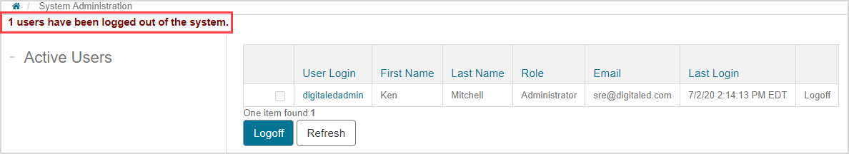 Table on Active Users page with message "1 users have been logged out of the system".